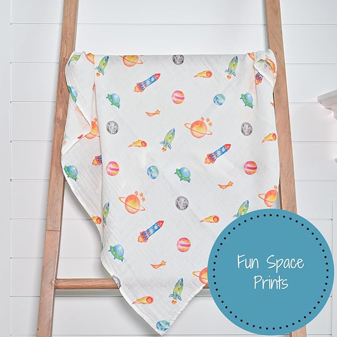 LollyBanks Swaddle Blanket, 100% Cotton Baby Blanket, Soft Muslin Swaddle Blanket 47 x 47 Inches, Neutral Baby Blanket for Boys and Girls, Baby Essentials, Registry (Space Print, Universe)