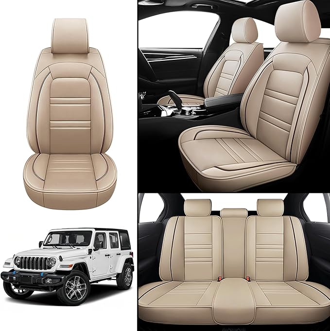 Seat Covers for JP Wrangler 2007-2025 | 5-Seats Leather Seat Covers, Easy to Install Automotive Seat Covers Full Set (Full Set, Beige)