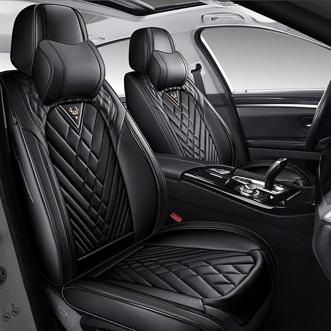 Car Seat Cover Full Set, Waterproof Leather Seat Cover,Front Auto Seat Cover, Car Seat Cushion, Full Coverage Car Seat Protector Universal Fit Most Cars (2 Seat-Headrest,Black)