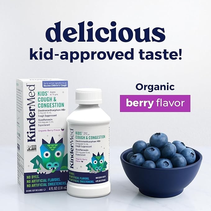 KinderMed Kids' Daytime Cough & Congestion Medicine, for Ages 4-11 Years, No Dyes, No Artificial Flavors, No Artificial Sweeteners, Vegan, Non-GMO, Gluten Free, Organic Berry Flavor (4 Fl Oz)