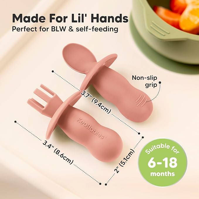 KeaBabies 4-Pack Silicone Baby Spoons and Forks Set - Baby Led Weaning Utensils 6-12 Months, Self Feeding Toddler Spoon & Fork for Training, Teething, Easy to Hold, BPA-Free Silicone (Roseate)