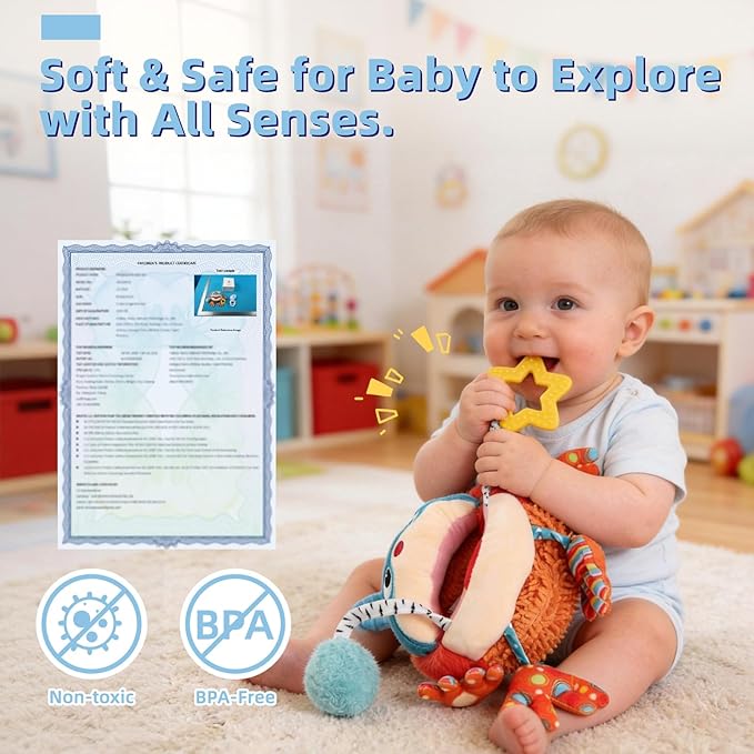 Baby Car Seat Toys Hanging - Sensory Ball Travel Toys for 6 7 8 9 10 11 12 Monthes with Rattle, Teether, Squeaky, Crinkle,Textures, Soft Montessori Plush Toys Newborn Gift Boys Girls Infant Roadtrip