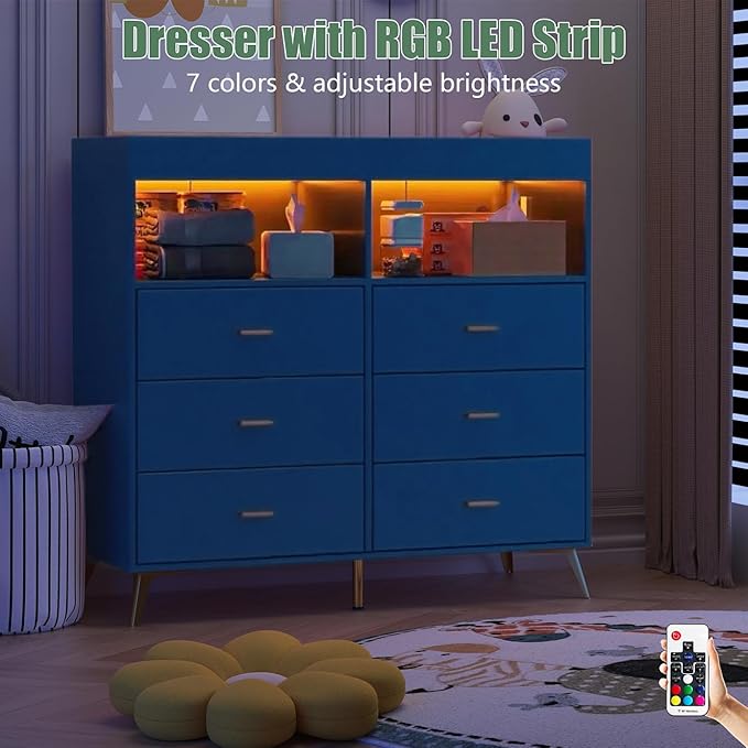 GarveeHome Dresser for Bedroom with 6 Drawers, Baby Changing Table Dresser with Changing Pad, LED Lights & Charging Station, Baby Changing Station with Changing Table Top