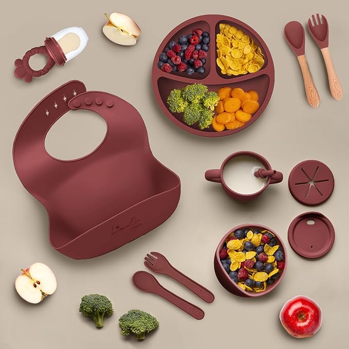 Silicone Baby Feeding Set – 10 Pcs Baby Led Weaning Supplies & Self Feeding Kit | Toddler Plates and Bowls Set, Bib, Fruit Feeder, Cup, Spoons & Forks – Empower Independence with LimeOr - Red-Wine