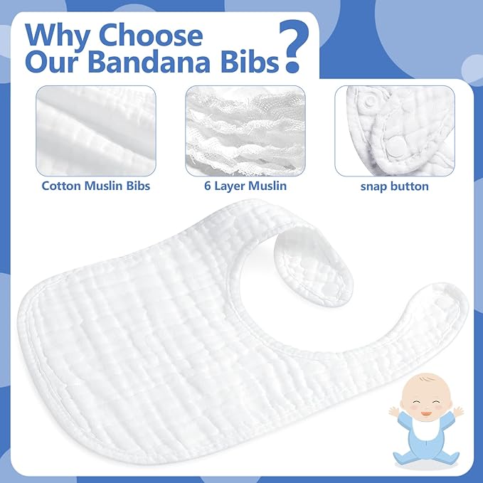 Reginary 30 Pack White Muslin Baby Bibs Bulk Adjustable 6 Layers Baby Bandana Drool Bibs for Boys Girls Newborn Cotton Soft Absorbent Muslin Burp cloth for Drooling and Teething