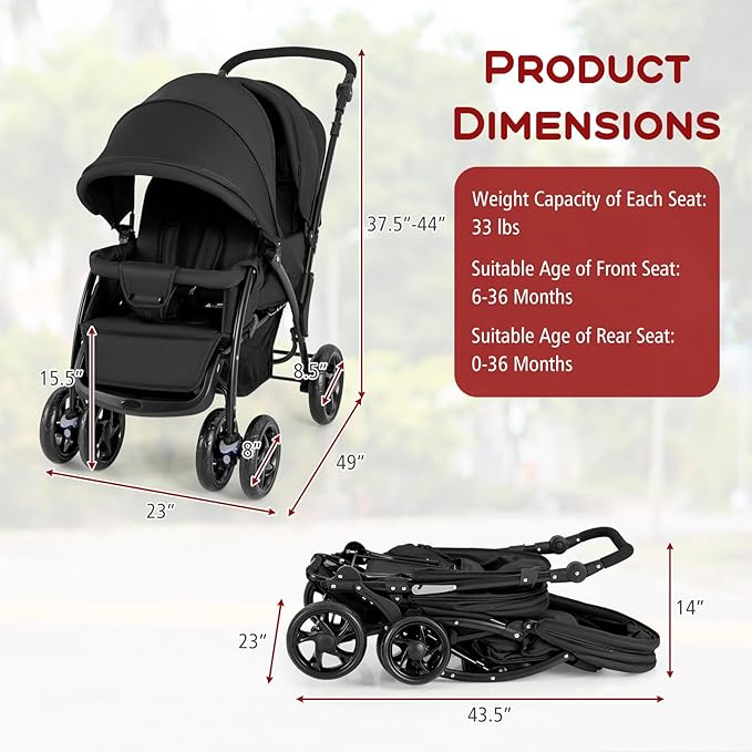 HONEY JOY Double Stroller, Foldable Lightweight Infant Twin with Tandem Seating, 5-Point Harness, Recline Seat, Storage Basket, Compact Baby Double Stroller Newborn and Toddler (Black)