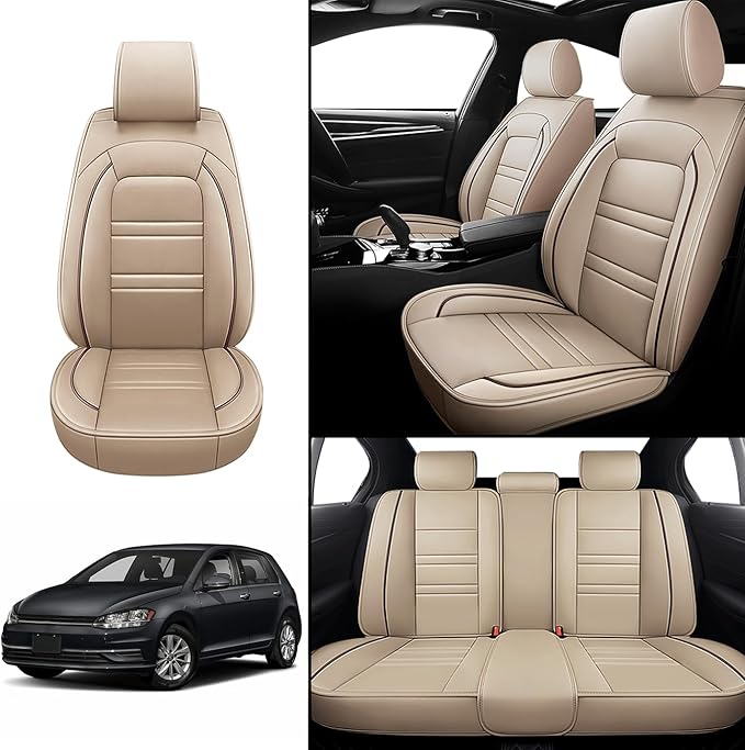Seat Covers for VW Car Golf 2015-2019 | 5-Seats Leather Seat Covers, Easy to Install Automotive Seat Covers Full Set (Full Set, Beige)