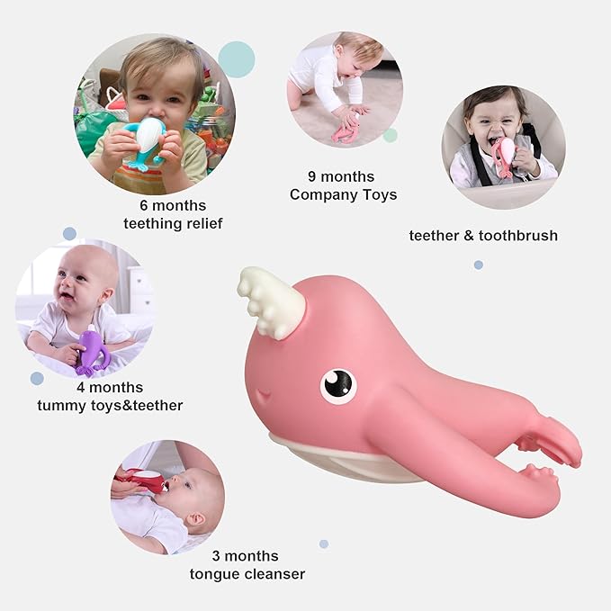 Smily Mia Narwhal Silicone Baby Teething Toys for 3-6 6-12 Months, Teething Relief Toys, Food Grade Silicone Teether Baby Toys, Sensory Toys for Teething Babies, Baby Essential, BPA Free, Pink