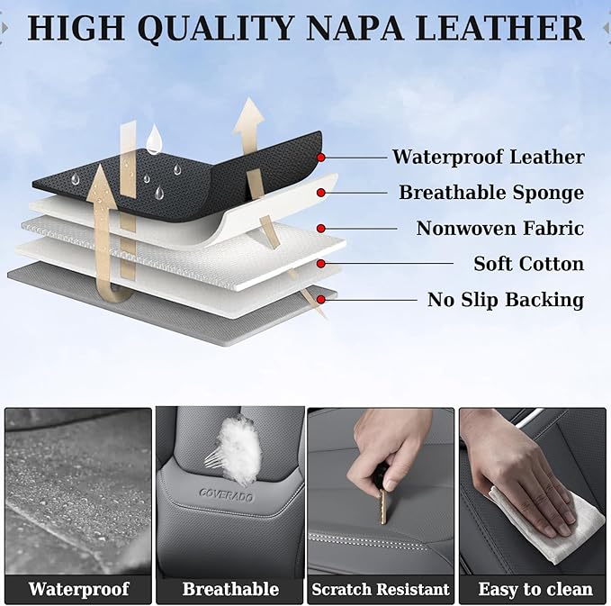 Coverado Universal Seat Covers Full Set, 5 Seats Universal Seat Covers for Cars, Waterproof Nappa Leather Car Seat Covers with Head Pillow, Auto Protectors Fit for Most Sedans SUV Pick-up Truck-Gray
