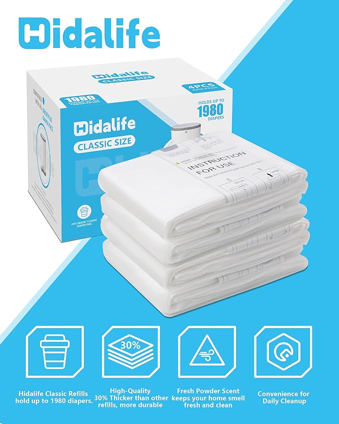 HIDALIFE Refills Compatible with Dekor Classic Diaper Pails, Disposable Diaper Trash Bags, Extra Thick Diaper Pail Refill Liners, Hold Up to 1980 Diapers (4 Pack)
