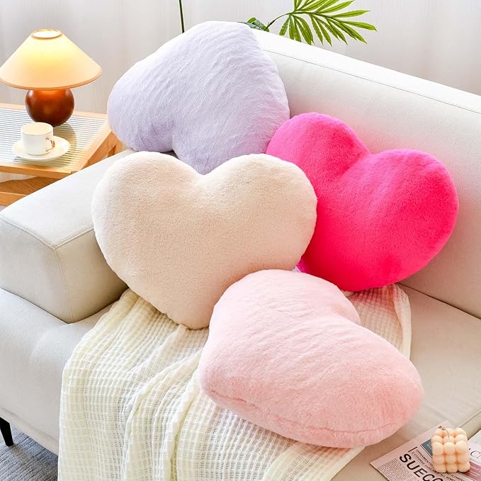 Beige Heart Pillows, Cute Heart Decorative Pillow, Heart Shaped Throw Pillows for Bed, Faux Rabbit Fur Plush Hoom Decor Pillow Cushion for Chair Sofa Living Room (Large-19.6"x15.7")