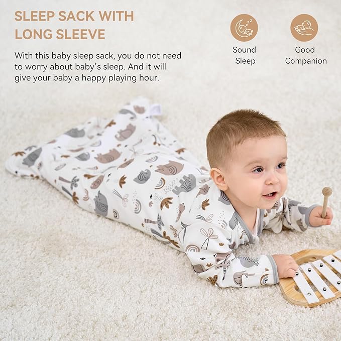 Baby Sleep Sack 12-18 Months, Long Sleeve Baby Wearable Blanket 0.5 Tog with Mittens, 2-Way Zipper Toddler Cotton Sleeping Sack for Boy and Girl Grey Elephant 2 Pack(Large)