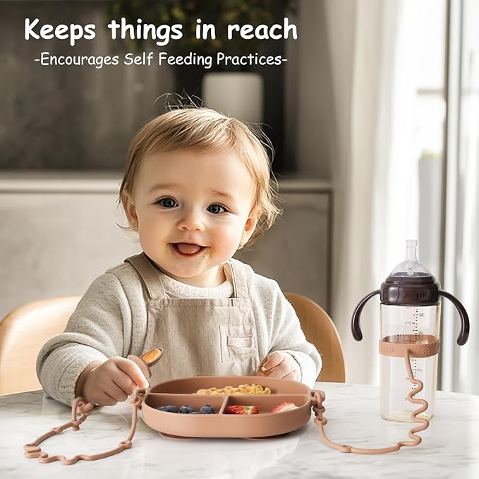 Baby Plates with Suction Silicone Baby Spoons Divided Baby Plates Silicone Baby Safety Toy Straps Baby Bottle Bungees Baby Feeding Set All-in-one-Blush