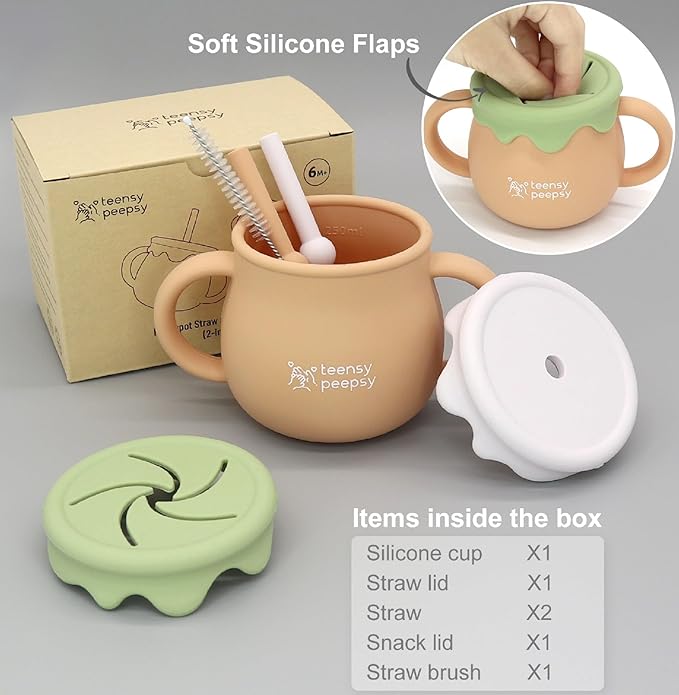 Honey Jar Pot 3-in-1 Silicone Training Cup 8.5oz, Unisex Baby Sippy Cup with Straw & Snack Lid for 6 months+ Break Resistant Open Cup for Toddler Smoothie Drinkware (Harvest Wood)