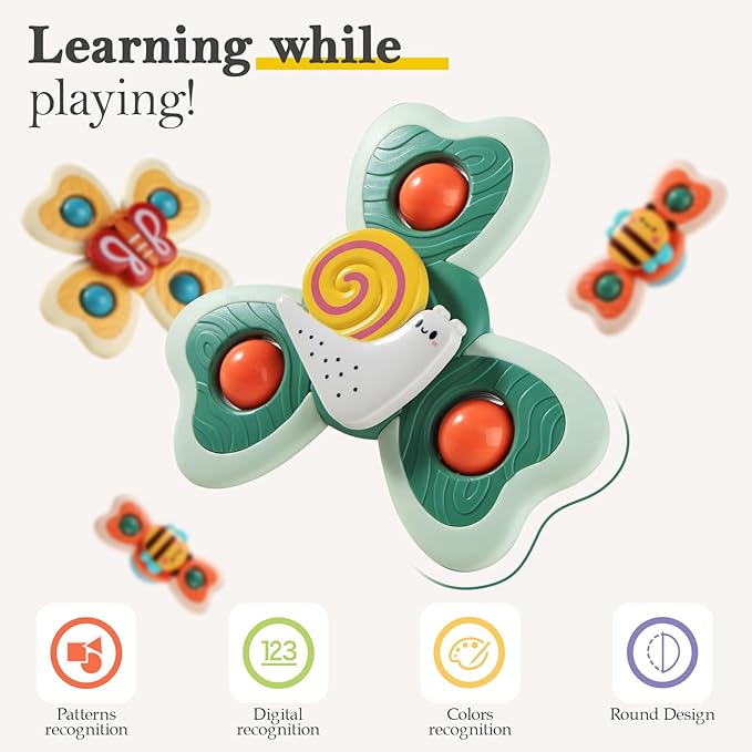 ALASOU 3PCS Suction Cup Spinner Toys for 1 Year Old Boy Girl|Spinning Top Infant Sensory Toys for Toddlers|1 2 Year Old Boy Christmas Birthday Gift|Baby Bath Toy Stocking Stuffers for Kids Ages 1-3
