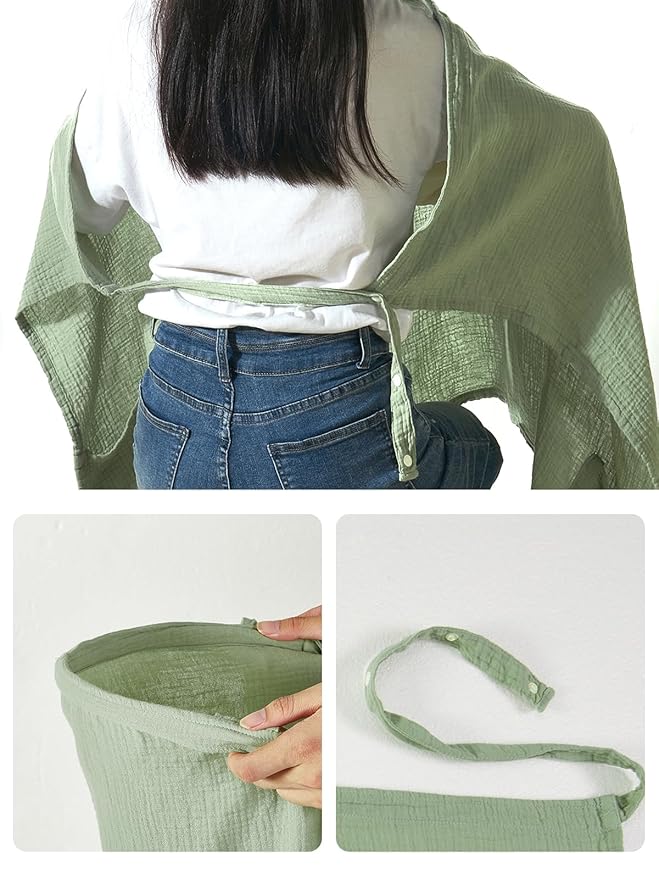 TILLYOU Muslin Nursing Cover for Baby Breastfeeding, 100% Cotton Breathable with Arch Neckline for Women, Green