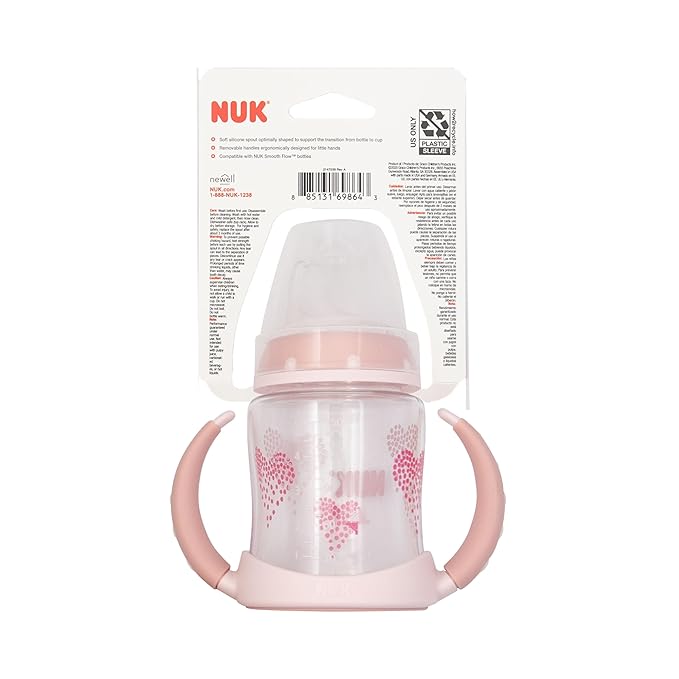 NUK Learner Cup, 5 Oz, Pack of 2, Pink Hearts, Soft Spout, Easy-Grip Handles, BPA Free, Spill Proof, Transition Sippy Cup