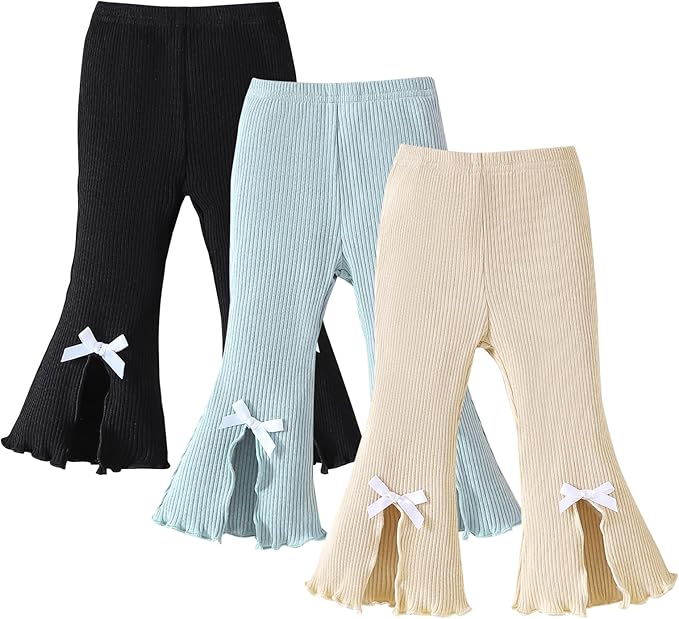 SOBOWO Baby Girl Flare Pants 3 Pack Toddler Solid Ribbed Ruffle Bell Bottoms Pants Trousers Fall Outfits