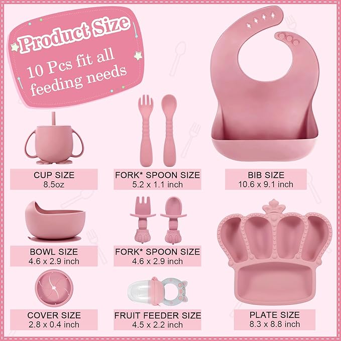 Silicone Baby Feeding Set 10 Pcs Baby Led Weaning Supplies Suction Bowl Divided Plate Baby Bibs Fruit feeder Pacifier Baby Spoons Forks Sippy Cup Utensil Sets Baby Essentials for Newborn （Deep Pink）