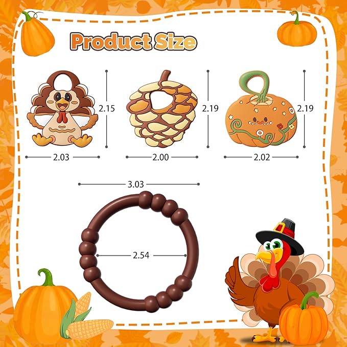 Thanksgiving Baby Teething Ring with 3pcs Teether-Soft Turkey, Pumpkin & Pine Cones Textured, Silicone Teether for 0-12months, Baby Sensory Chew Bracelet for Baby’s First Thanksgiving