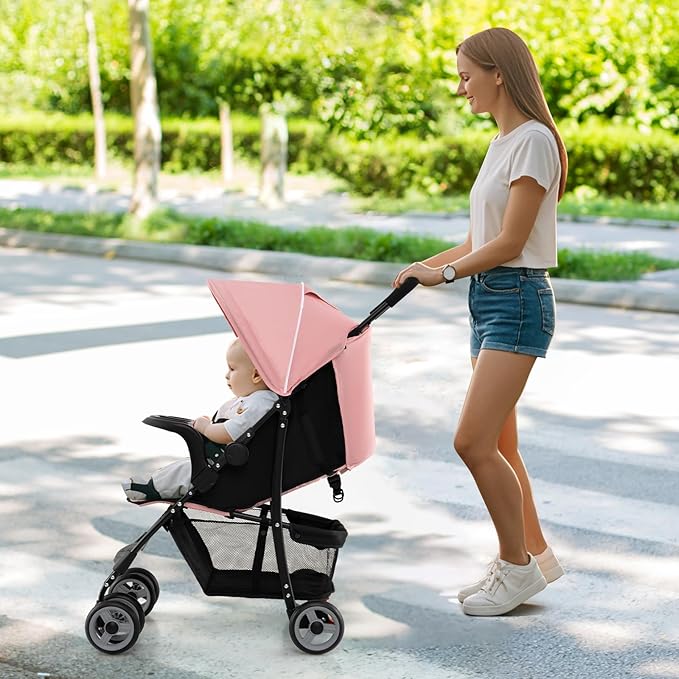 Baby Joy Lightweight Stroller, Compact Toddler Travel Stroller for Airplane, Infant Stroller w/Adjustable Backrest/Footrest/Canopy, 5-Point Harness, Storage Basket, Easy One-Hand Fold (Pink)