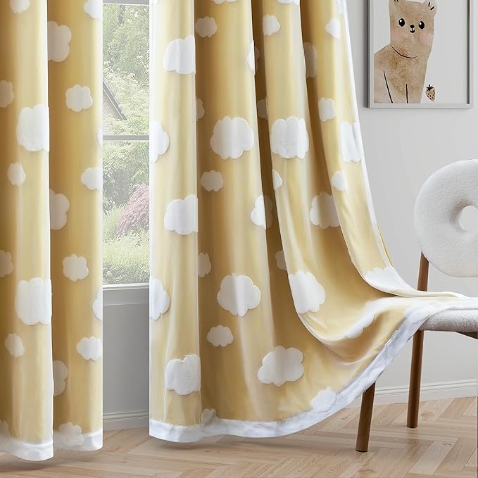 Yellow Double Layer Curtains for Bedroom Room Darkening Kids Curtains 95 Inches Long Cloud Pattern Sheer Curtains Grommet Top for Living Room Set of 2 Panels, 52 X 95 Inch
