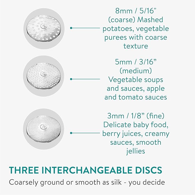 Navaris Stainless Steel Food Mill 2-Quart with 3 Grinding Discs - Rotary Food Mill to Grind & Puree Fruits, Vegetables, Tomato Sauce, Potatoes, Jams and Baby Food Dishwasher Safe