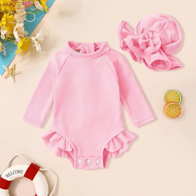YOUNGER TREE Infant Baby Girls Swimsuit Long Sleeve Swimsuits One Piece Swimsuit Solid Color Bathing Suit with Hat, UPF 50+