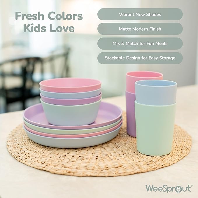 WeeSprout Bamboo Plates, Set of 4, Kid-Sized Dinnerware, Dishwasher Safe Melamine Dishware (Pastel Coral, Blue, Mint & Off White, Without Lids)