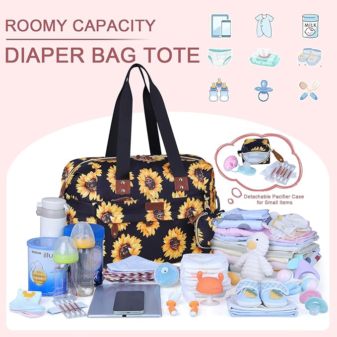 Pritent Diaper Bag Tote - Diaper Baby Bags with Pacifier Case, Shoulder Straps, Stroller Clips, Waterproof Large Mommy Bag Maternity Bag Travel Baby Bag for Mom and Dad, Sunflower