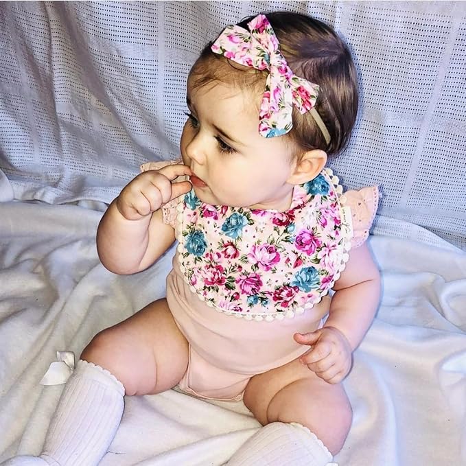 Baby Girls Floral Print Bibs, Reversible Burp Cloth Set for Newborn Infant Toddlers