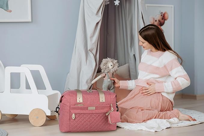 Pritent Diaper Tote, Baby Bags with Pacifier Case, Shoulder Straps, Stroller Clips, Waterproof Mommy Bag - Medium, Pink