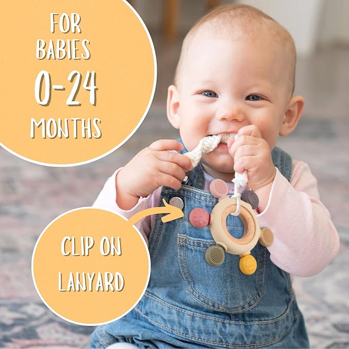 Baby Teething Toys, Silicone Chewable Teethers with Wooden Ring for Soothing Babies Gums, Rudder Chewers Shower Gift for lnfants & Toddlers, 3+ Months (8 Directions, Rainbow)