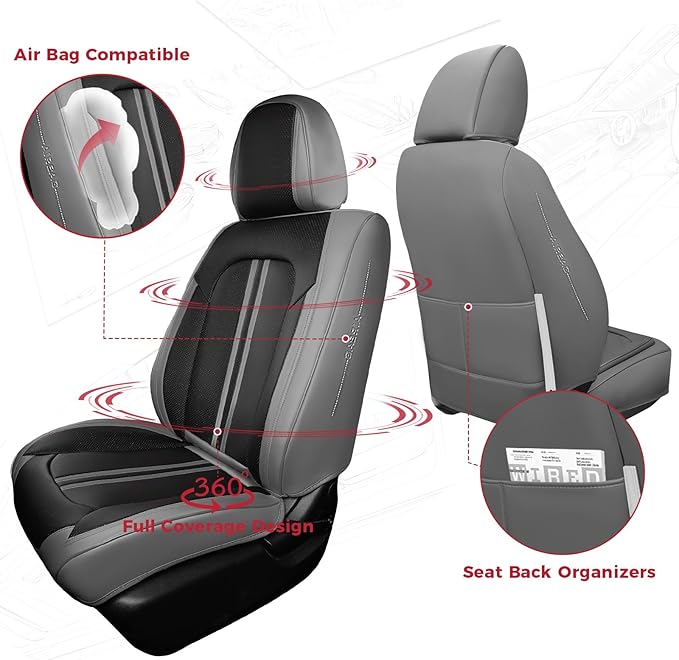 FREESOO Car Seat Covers Full Set, Black Grey Waterproof Car Seat Cover, Leather Seat Covers for Trucks, Luxury Car Seat Covers Front Seats and Auto Back, Car Seat Protector Cushion for Most SUV Cars