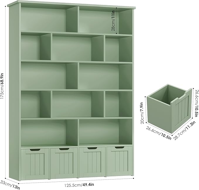 FINETONES 69" H Toy Storage Organizer, 6 Tier Tall Kids Bookshelf with 4 Movable Drawers and 12 Storage Cubbies, 49.4" W Toy Organizers and Storage Organizer Playroom Storage for Kids Room, Green