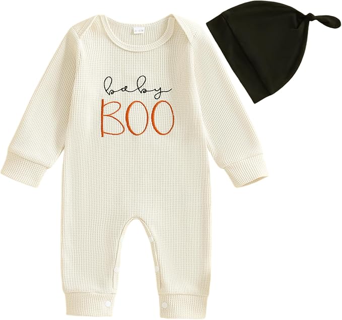 Newborn Infant Baby Boy Halloween Outfit Little Pumpkin Embroidery Romper Waffle Knit Long Sleeve Jumpsuit with Hat