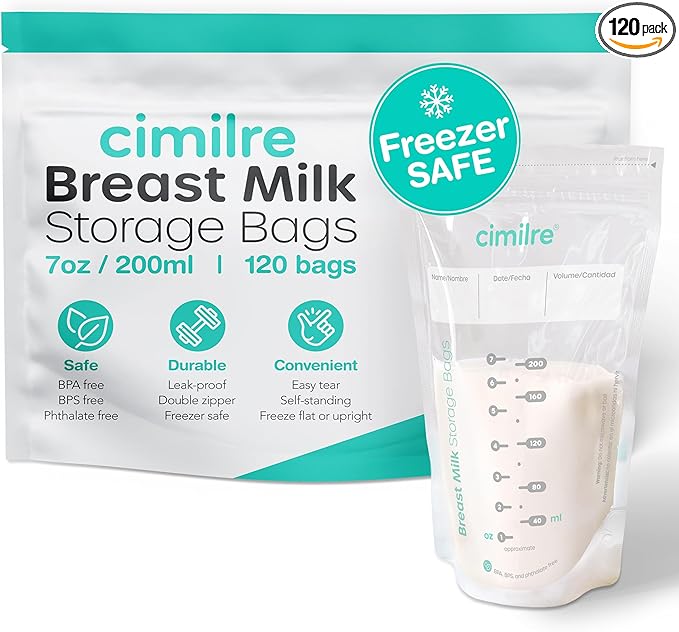 Breast Milk Storage Bags by Cimilre, Leak-Proof Breastmilk Storage Bags, Freeze Flat or Standing, 7 oz. Bags (120 Pack)