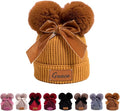 Personalized Toddler Beanie Hat with Bow - Custom Winter Pom Pom Beanies - Leater Patch Baby Warm Knit Hats