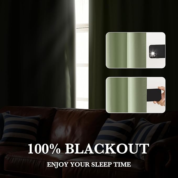 RYB HOME Bedroom Blackout Curtains 63 inches Long, 100% Blackout Thermal Insulated Noise Reducing Curtains for Living Room Nursury, 42 inches Wide by 63 inches Long, Sage Green