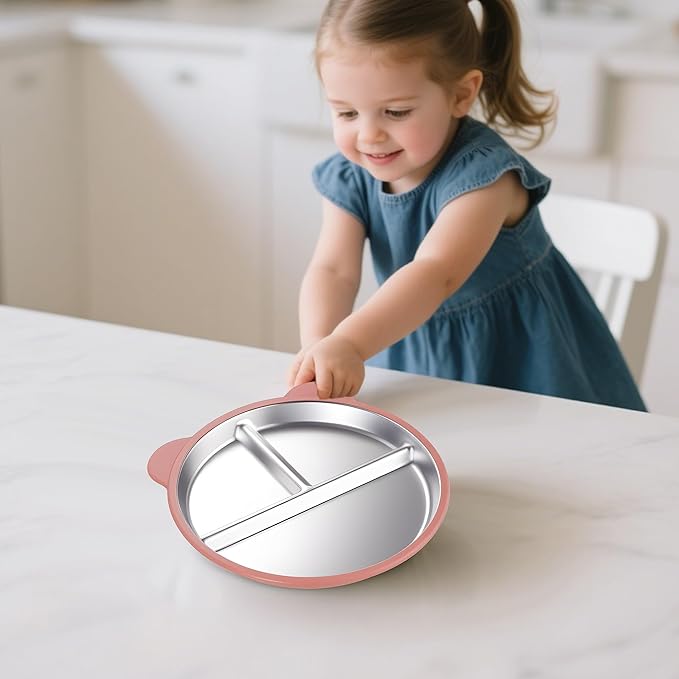 Stainless Steel Kids Plate with Suction 4 Pack, 9″ Toddler Divided Plates with Removable Non Slip Silicone Sleeves, BPA Free Baby Snack Dishes, Mint Green, Wisteria, Coral pink, Glaucous