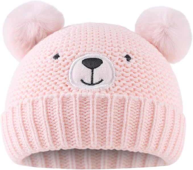 JANGANNSA Cute Bear Baby Beanie Pompom Baby Boys Hat Infant Toddler Winter Knitted Beanies for Girls