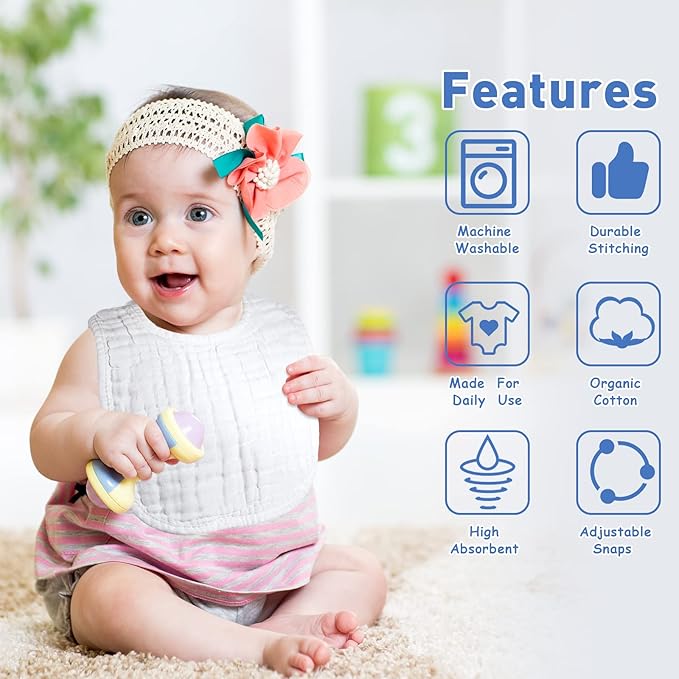 Reginary 30 Pack White Muslin Baby Bibs Bulk Adjustable 6 Layers Baby Bandana Drool Bibs for Boys Girls Newborn Cotton Soft Absorbent Muslin Burp cloth for Drooling and Teething