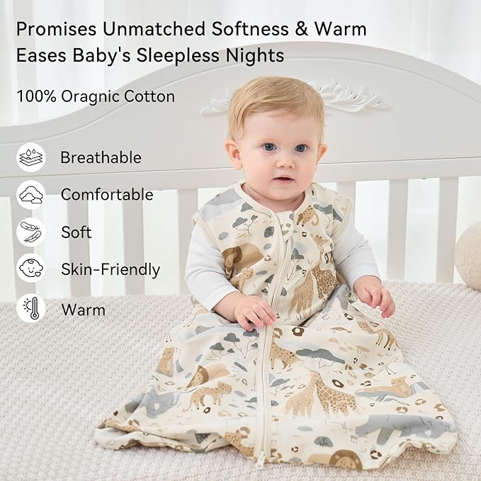 Baby Sleep Sack 18-24 Months 1.0 Tog Baby Wearable Blanket 100% Cotton Sleeping Sack with 2-Way Zipper for Toddler Infant Apricot & Gray Elephant