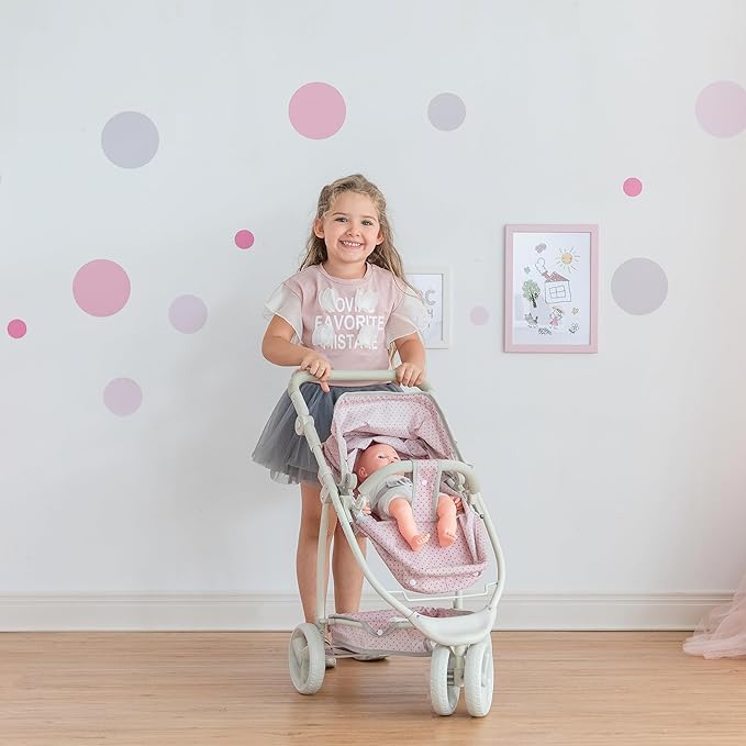 Olivia's Little World 2-in-1 Convertible Baby Doll Stroller with Retractable Canopy, All-Terrain Wheels, and Adjustable Handle, Cream and Pink with Gray Polka Dots