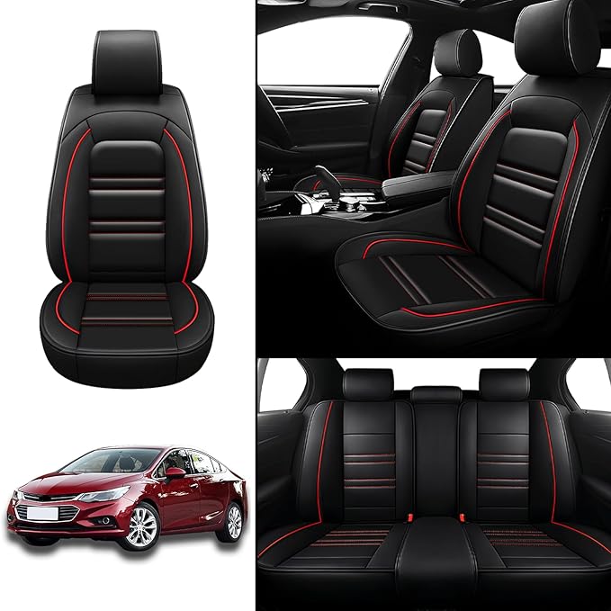 Seat Covers for Chevy Cruze 2011-2019 | 5-Seats Leather Seat Covers, Easy to Install Automotive Seat Covers Full Set (Full Set, Black&Red Line)