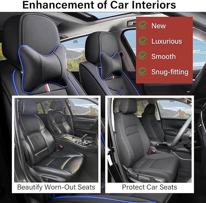Leather Car Seat Covers Fit for LR LR4 2009-2016, 5 Seater Waterproof and Wear-Resistant Seat Cover Interior Accessories(Full Set with Pillow,Black&Blue)