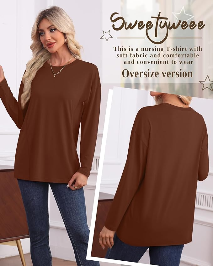 3 Pack Women's Nursing Breastfeeding Tops, Long Sleeve Maternity Shirts Oversize Hidden Zipper Pregnancy Clothes