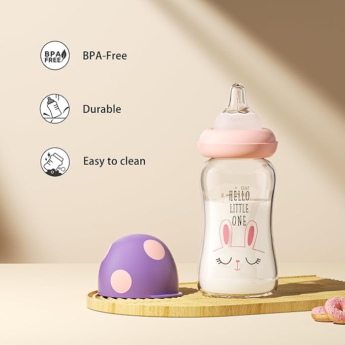 YOHKOH Natural Glass Baby Bottle with Natural Response Nipple, Newborn Anti-Colic Baby Bottles, Wide Neck Mushroom Cap Baby Bottle, Clear ((5.4oz (Pack of 4), Purple)