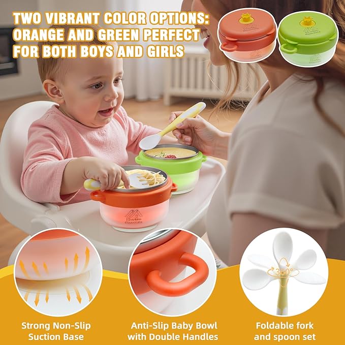 Baby Bowl with Suction, BPA-Free, Premium Food Grade 304 Stainless Steel, Thermo-Color Changing, Foldable Spoon & Fork, Non-Slip Handles for Babies, Toddlers, Kids (Orange)