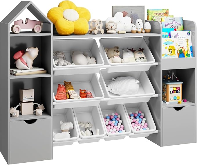 Vabches Kids Toy Organizer with 8 Removable Toy Bins, 4-Tier Toy Storage Organizers W/4 Storage Cubbies, Bookshelf 2 Toy Storage Box on Wheels for Playroom, Kids Room, Nursery Room, Grey